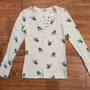 NWT Blue Aerie Waffle Floral Thermal Henley Tee T-Shirt Long Sleeve XS